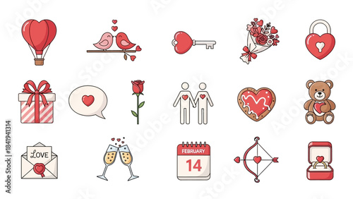 Valentine's Day Icons Set Including Hot Air Balloon Doves Key Bouquet And Calendar Keywords: valentine, love, heart, romance