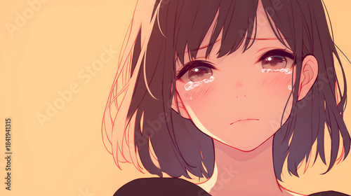 涙ぐむ若い女性のアニメ風イラスト