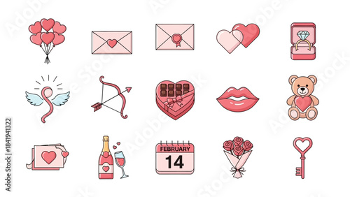Valentine's Day Icons with Balloons Hearts Champagne Rose and Teddy Bear Keywords: valentine's day, love, heart, balloons