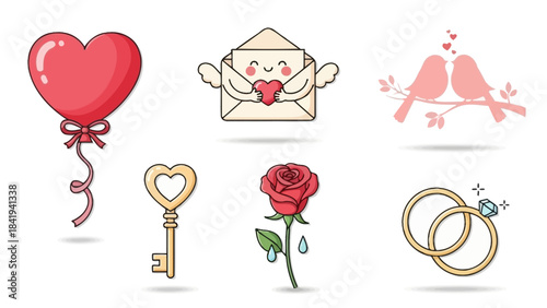 Valentine's Day icons with heart balloon, envelope, birds, key, rose, and rings Keywords: valentine, love, romance, heart