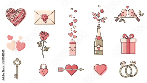 Valentine's Day Icons with Hearts Birds Rose Champagne Gift and Rings Keywords: valentine's day, love, heart, birds, rose