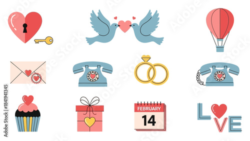 Valentine's Day Icons with Heart Lock Birds Hot Air Balloon Phone and Rings Keywords: valentine's day, love, heart, lock, key