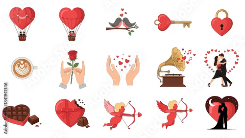 Valentine's Day Icons With Couples Hot Air Balloons Cupid And Romantic Elements love heart