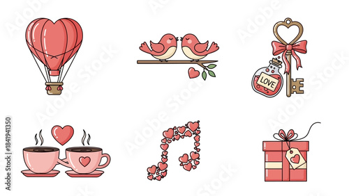 Valentine's Day Icons with Hot Air Balloon Birds Coffee Cups Music Notes and Gift Keywords: valentine's day, love, heart, hot