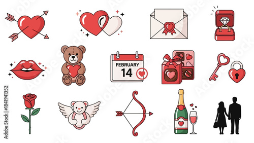 Valentine's Day Icons with Hearts Teddy Bear Rose Champagne and Couple Keywords: valentine's day, love, heart, cupid, arrow