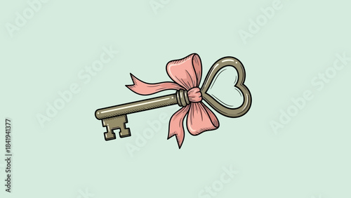 Vintage Key with Heart Shape Bow and Pink Ribbon on Light Green Background Keywords: key, heart, shape, bow, ribbon, pink