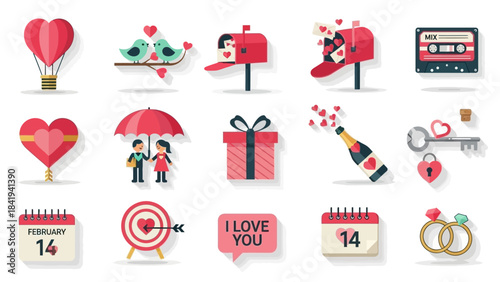 Assortment of Valentine's Day Icons with Hot Air Balloon, Mailbox, and Rings Keywords: valentine's day, love, heart, hot air