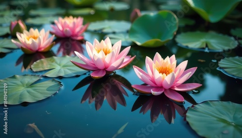 Water lilies create a floral pattern on a still lake surface, reflection, calm