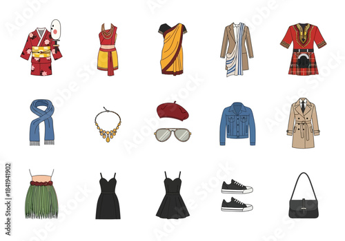 Grid of 15 illustrated clothing items and accessories from various cultures