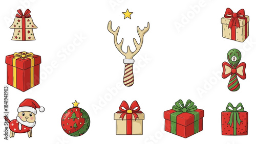 Christmas Gift Boxes and Reindeer Antlers Festive Icons illustration