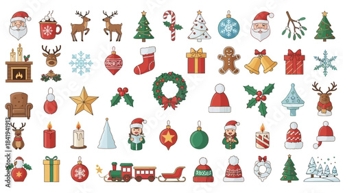 Assortment of Christmas Icons Featuring Santa, Reindeer, Trees, and Gifts Keywords: christmas, holiday, festive, icon, symbol