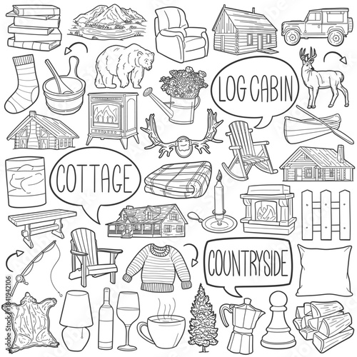 Cottage Doodle Icon Hand Drawn Vector Set.