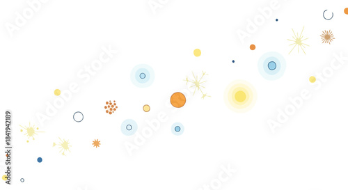 Abstract colorful circles and dots floating on a white background.