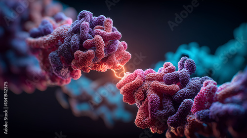 Two complex protein chains interacting to illustrate biochemical bonding, molecular dynamics and scientific innovation.
