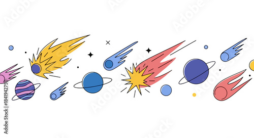 Colorful Hand Drawn Comets and Planets Seamless Pattern in Space.