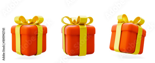 3D Vector illustration gift box. Christmas, new year, sale, shopping. Present box with bows ribbons. Giftbox for valentine, birthday, holiday. 