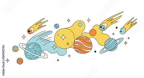 Colorful Hand Drawn Space Elements with Planets and Comets.