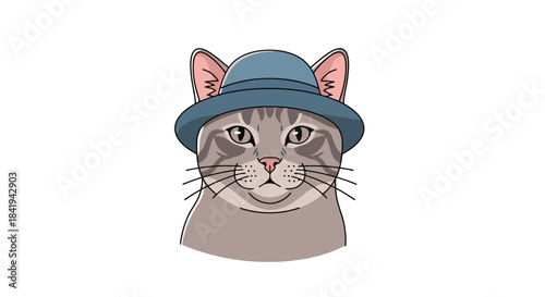 Cute Cat Wearing a Stylish Blue Hat Looking Directly at Viewer.