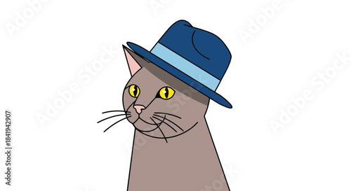 Cute Grey Cat Wearing a Stylish Blue Fedora Hat.