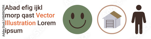 Communication, emotion, housing, identity, text, minimalism. happy face, house icon and human figure with text. Emotion and housing concept using simplified visual elements