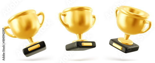 3d realistic golden trophy cup. Isolated white background. Vector Illustration