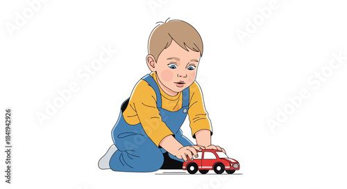 Cute toddler boy playing with a red toy car on the floor.