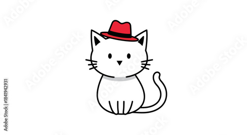 Cute White Cat Wearing a Stylish Red Hat Cartoon Illustration.