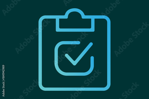 The image features a minimalist clipboard icon outlined in a smooth blue gradient against a dark teal background