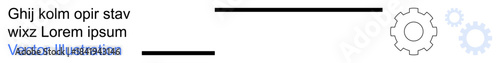 Workflow mechanics, system processes, automation, software development, digital design, data visualization. Gear icon beside text placeholder. Workflow mechanics and system processes concept