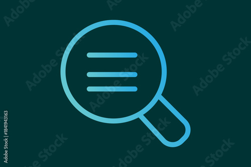 The image shows a blue gradient outline icon of a magnifying glass on a dark background.
