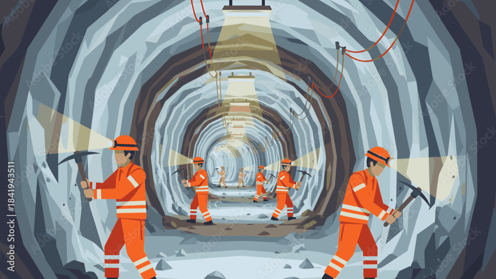 Fototapeta premium Miners at work in an underground tunnel, using pickaxes and illuminated by headlamps and overhead lights