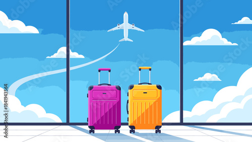 Colorful luggage awaits exciting adventures at the airport with an airplane in the sky