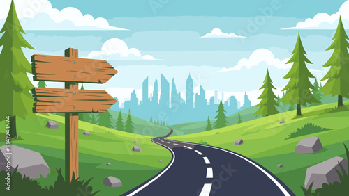 Scenic road winding through lush hills towards a distant city skyline with an empty signpost