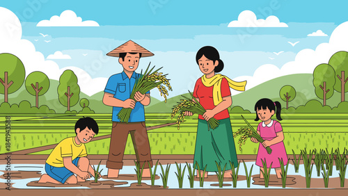 A happy asian family working together to plant and harvest rice in a lush green paddy field