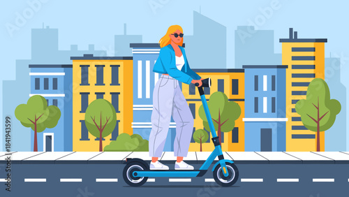 A woman rides a modern electric scooter through the vibrant city streets on a sunny day