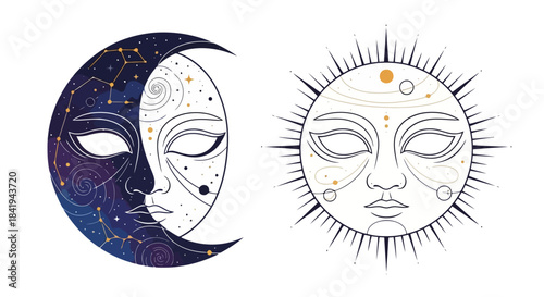 Mystical Sun and Moon Faces Celestial Duo Illustration.