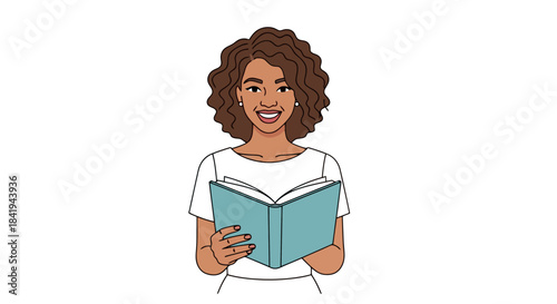 Smiling African American Woman Reading a Book with Enthusiasm.