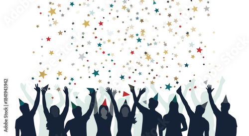 Silhouettes of people celebrating with arms raised and confetti falling.