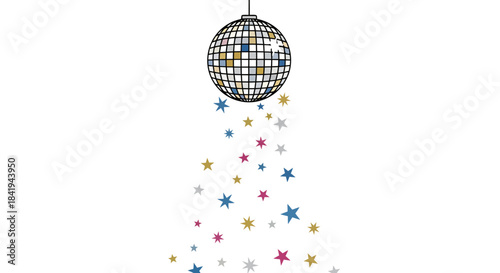 Sparkling Disco Ball with Colorful Star Confetti Falling Down.