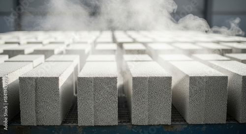 Freshly produced aerated concrete blocks cooling on industrial conveyor with visible steam in modern factory, lightweight masonry materials for sustainable construction