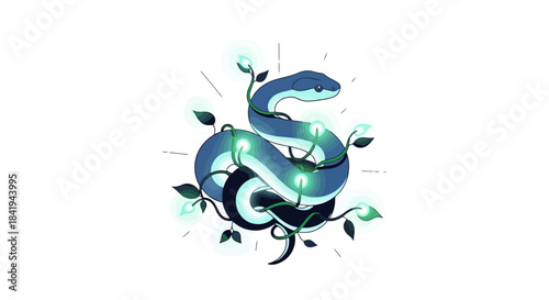 Stylized Blue Snake Coiled with Glowing Leaves and Twigs.