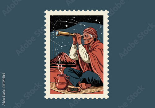 An illustration of an elderly person viewing the night sky with a telescope near a mountain
