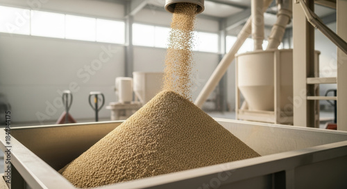 Automated grain processing machine pouring dry cereal pellets into large container in modern agricultural factory warehouse with soft daylight illuminating industrial interior
