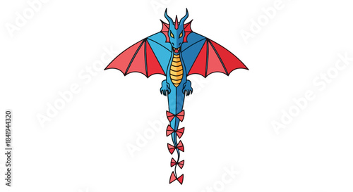 Vibrant Blue and Red Dragon Kite Flying High.