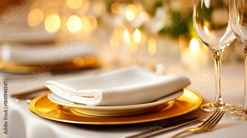 Elegant party table with gold cutlery, champagne, festive setup, luxury hospitality photography