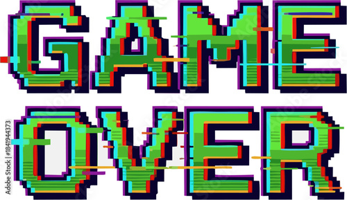 Game Over Glitch Effect Pixelated Text Illustration with Vibrant Colors and Retro Style