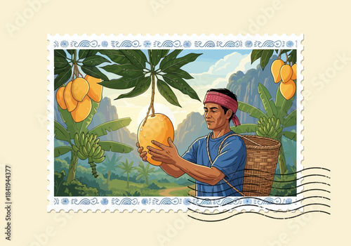 Farmer examining a large mango in a tropical orchard setting depicted on a stamp