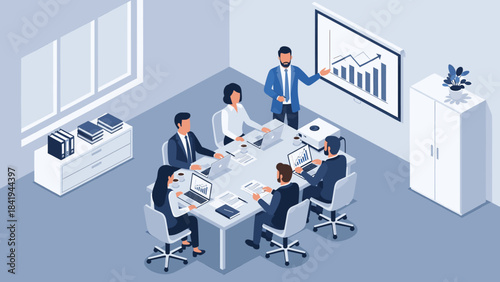 Business professionals collaborating in an isometric office during a financial presentation