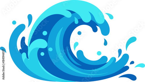 A vibrant blue cartoon wave with splashing water droplets, illustrating motion and fluidity.