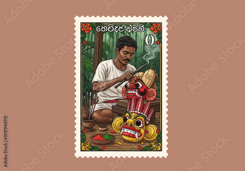 Stamp illustration of a Sri Lankan craftsman carving a traditional wooden mask